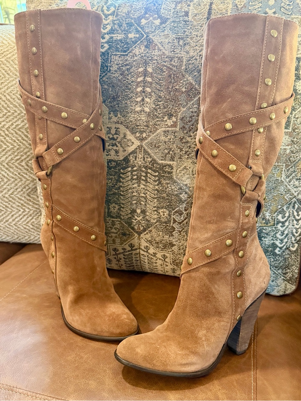Carlos by Carlos Santana Brown Suede Studded Knee High Boots Size 8 4 inch heel - Picture 4 of 7